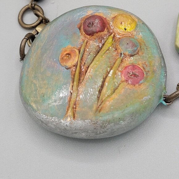 Handcrafted Ceramic and Clay Floral Bracelet Black Beads Lobster Clasp - Picture 4 of 9